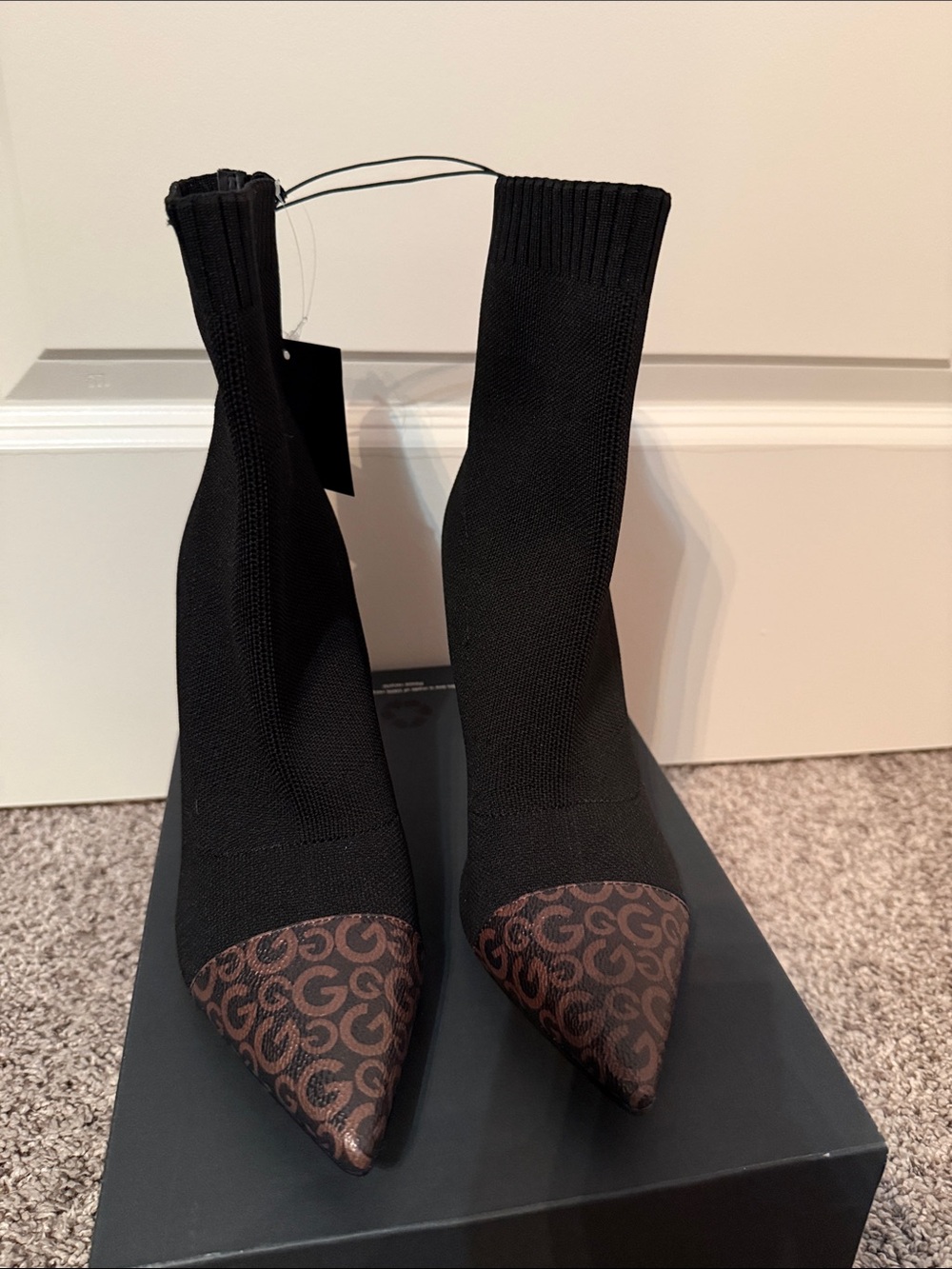 G by Guess Black Knit Pointed Sock Booties with Brown Monogram Toe